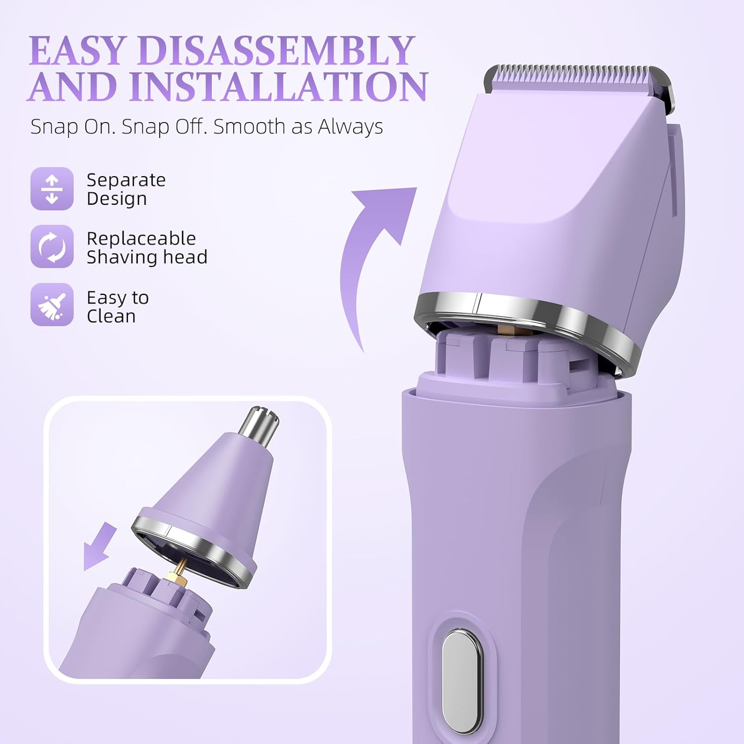 5-in-1 Bikini Trimmer for Women, IPX7 Waterproof Electric Razors Shaver, Cordless Body Hair Trimmer, Facial & Pubic Hair Removal, Ceramic Blade (Purple) - Image 7