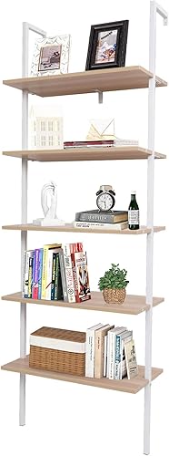 Estante de escalera para montaje en pared, estantería de escalera de 5 niveles con estante de madera y marco de metal, estantes altos modernos de