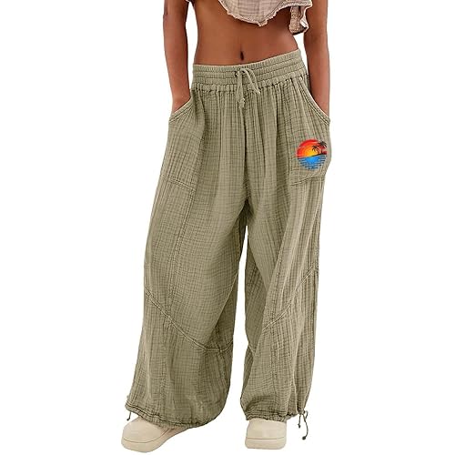 Women Baggy Utility Pants 2024 Summer High Waisted Harem Trouser Wide Leg Loose Cargo Pants with Pockets Beach Pant