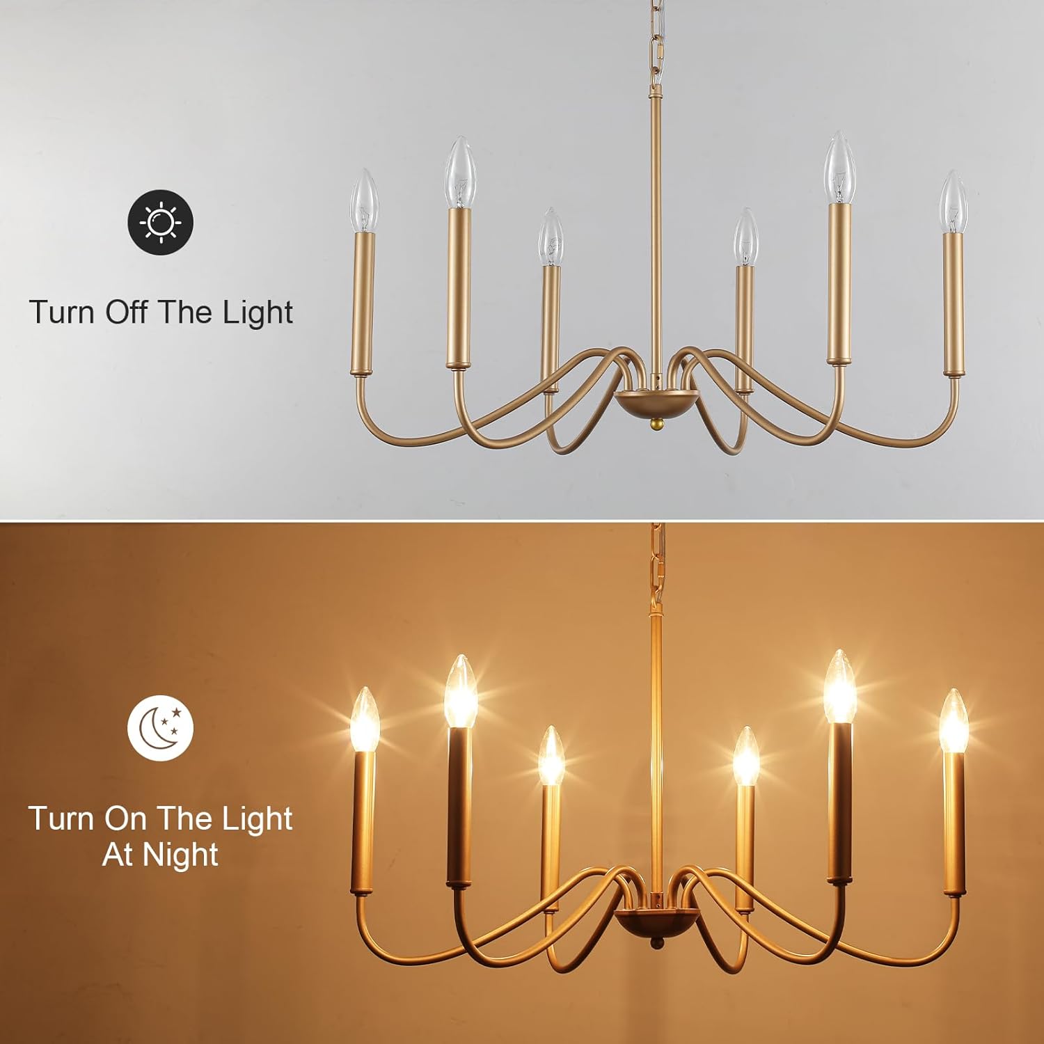 Generies Antique Spray Gold Farmhouse Chandelier, 6 Light Rustic Dining Room Light Fixtures, Modern Industrial Chandeliers Candle Ceiling Light for Bedroom Foyer Living Room Kitchen Island Entryway