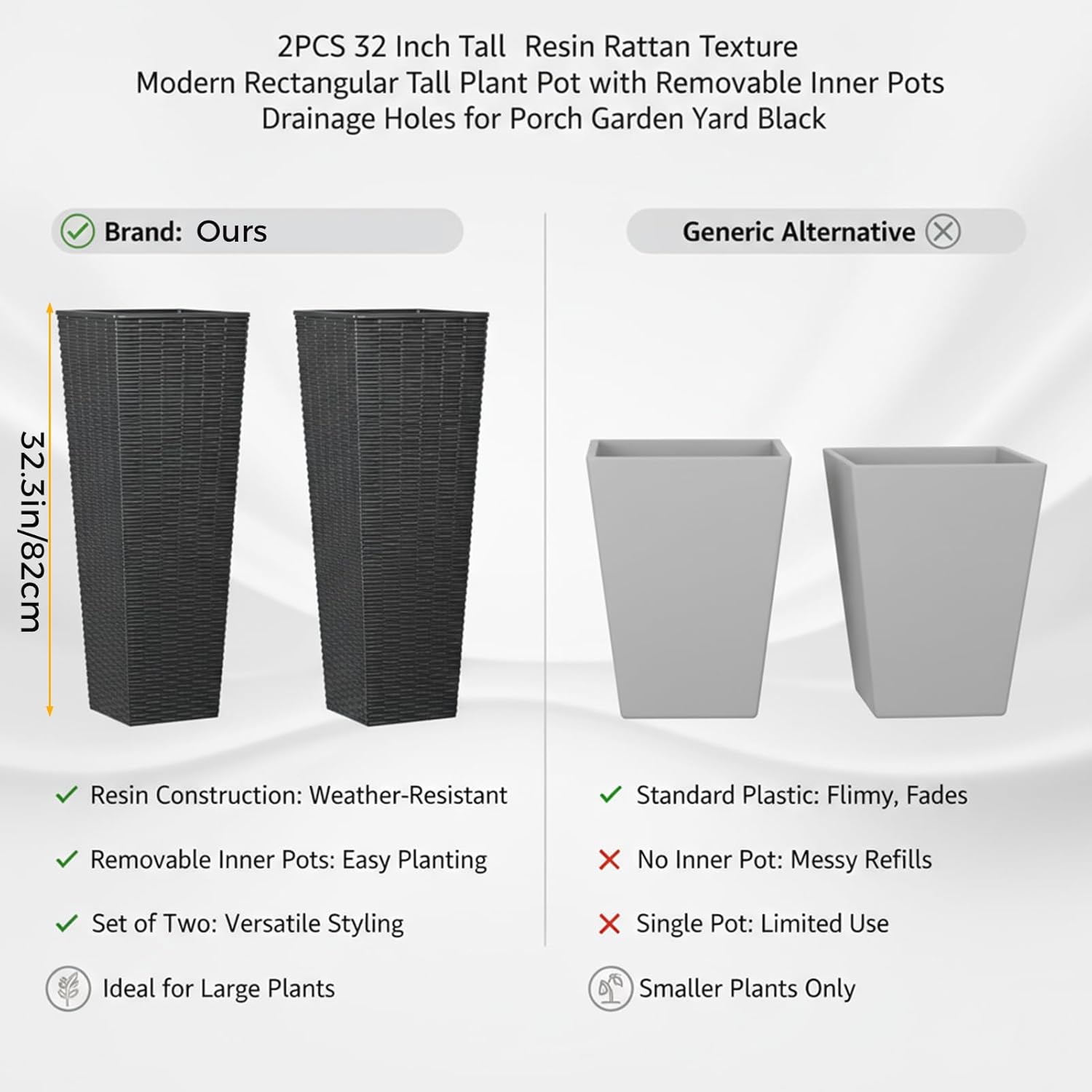 Tall Outdoor Set of 2,Tall Rectangular Resin with Removable Inner Pots, Modern Rattan Texture Tall Plant Pots with Drainage Holes for Porch, Garden, Yard (32inch)