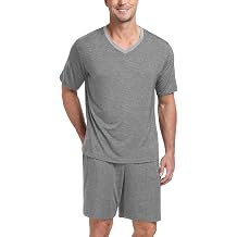 PrinStory Mens Pajama Set Sleepwear Pjs Lightweight Quick Dry Short Sleeve V-Neck Shirts and Shorts Soft Comfy Sleep Sets