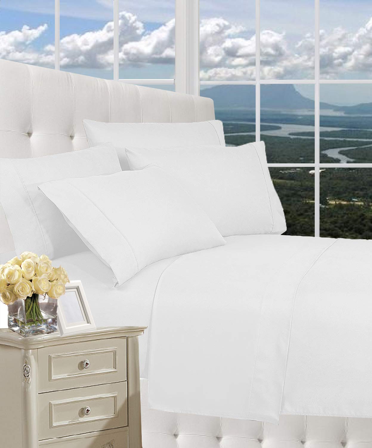 CELINE LINEN Luxurious Bed Sheets Set on Amazon 1800 Premier Hotel Quality Wrinkle Free 4-Piece Sheet Set with Deep Pockets, Queen White