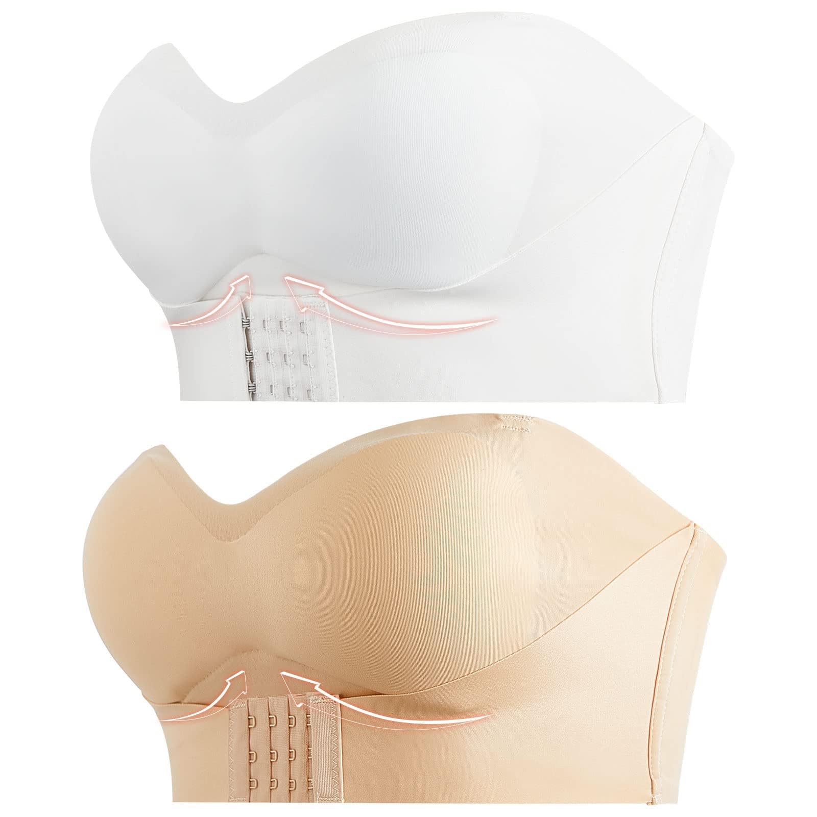 2-Pack Strapless Front Buckle Lift Bras - Push Up, Wireless, Non-Slip Bandeau in Black and Nude(L)