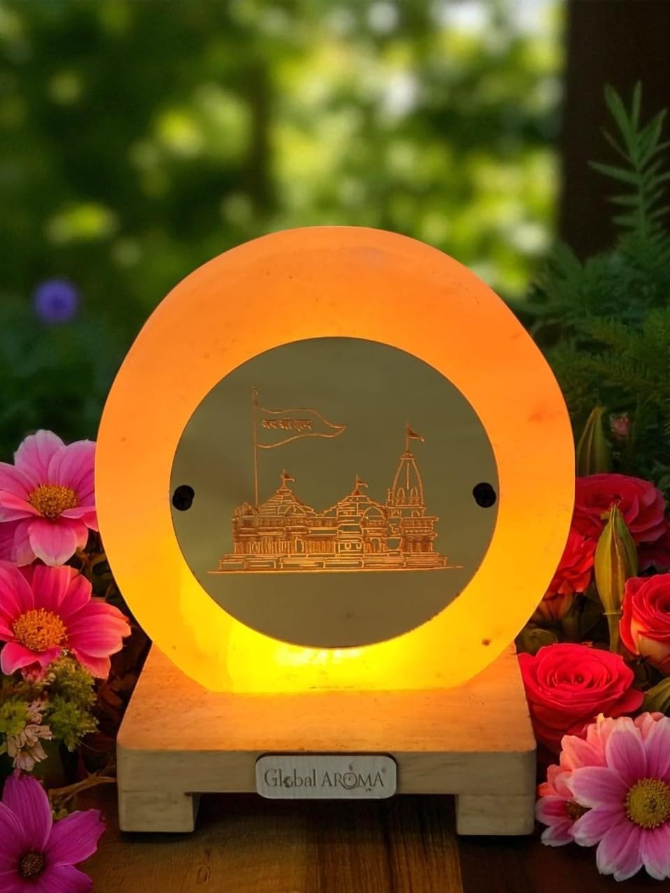 Himalayan Rock Salt Lamp with Ram Mandir Design on Acrylic Plate