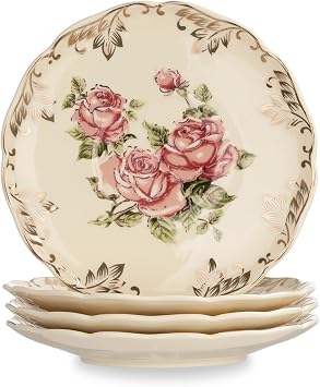 YOLIFE Ivory Vintage Floral Tea Saucers Set of 4, 5.8 inch with Gold Leaves Trim Beautiful Porcelain Tea Plates for Cups, Ideal for Tea Parties