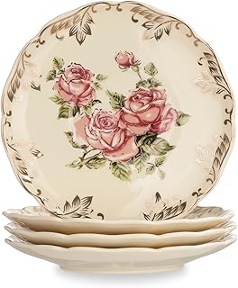 YOLIFE Ivory Vintage Floral Tea Saucers Set of 4, 5.8 inch with Gold Leaves Trim – Beautiful Porcelain Tea Plates for Cups, Ideal for Tea Parties