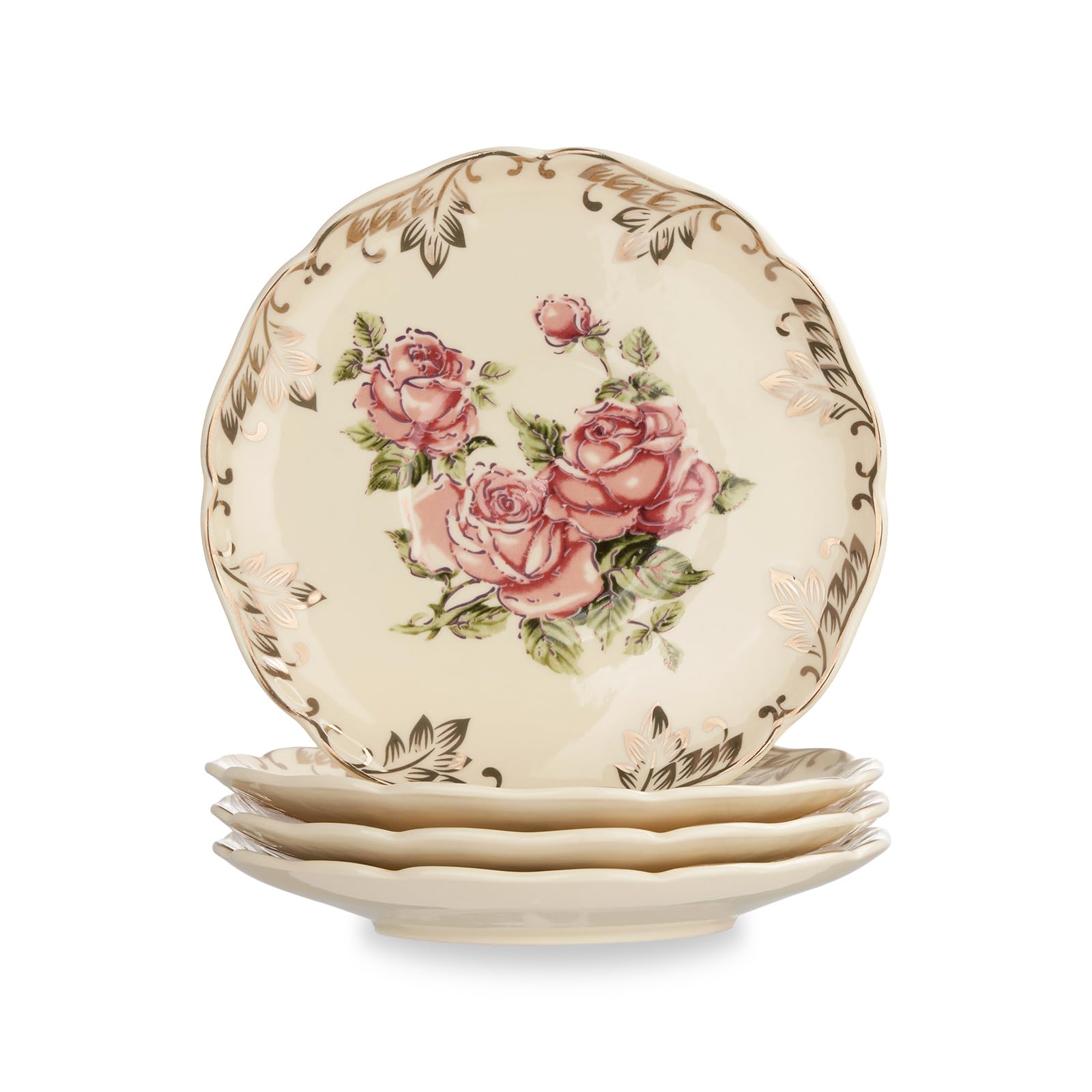 YOLIFE Ivory Vintage Rose Tea Saucers Set of 4, 5.8 inch with Gold Leaves Trim – Beautiful Floral Porcelain Tea Plates for Cups, Ideal for Tea Parties