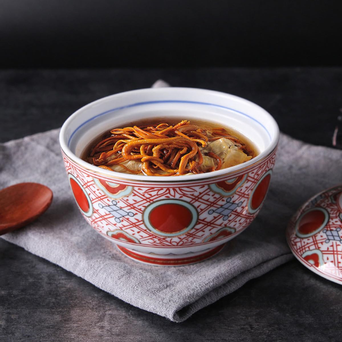TOYANDONA Tazón de Cerámica para Sopa Japonesa con Tapa Roja, Cuenco de Cocina para Mantener Alimentos Calientes, Adecuado para Uso Doméstico y Sopas Miso o Almejas