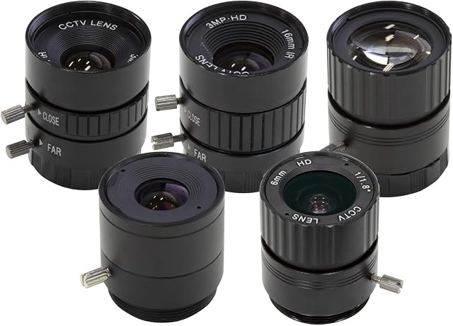 Arducam CS-Mount Kit d'objectifs pour Raspberry Pi HQ Caméra (type 1/2.3), 6mm à 25mm Longueurs focales, 65 à 14 Degrés, Téléphoto, Grand Angle, Paquet de 5