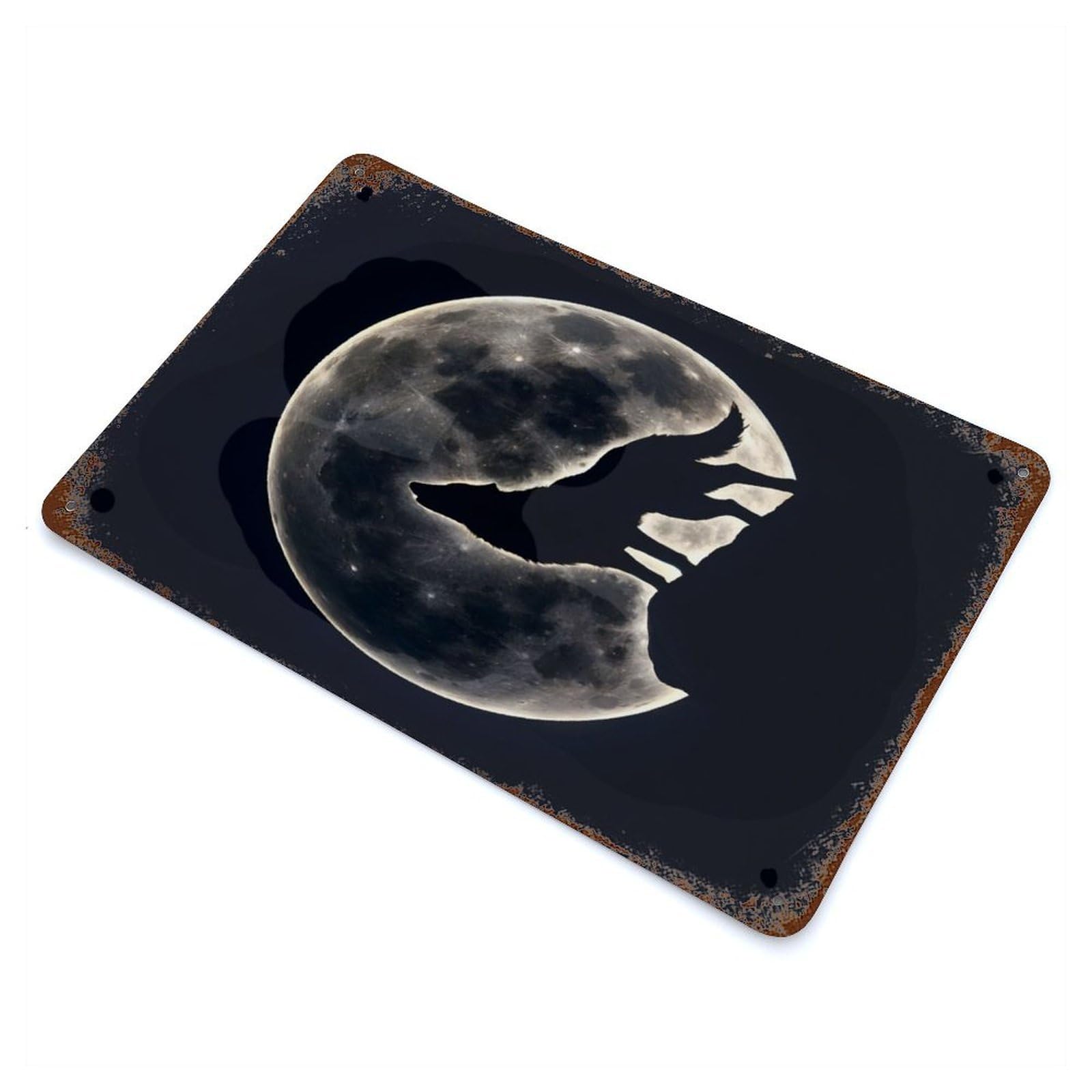 Wolf Howling Under Moon Rusty Metal Tin Sign 11.8"x7.9", Industrial Home Decor for Garage, Pub Or Kitchen