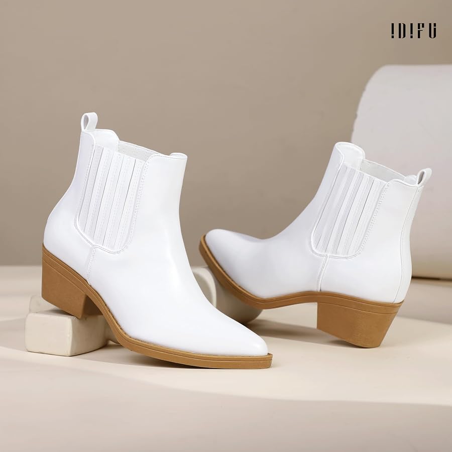 Amazon.com | IDIFU White Chelsea Boots for Women Pointed Toe Ankle Booties  Women's Low Short Chunky Block Heel Fall Boots Slip On Dress Wedding Boots  for Bride Ladies Comfy Elastic Womens Boots(White