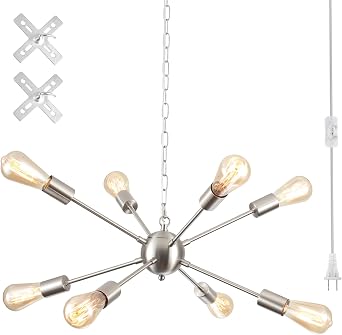 Industrial Sputnik Plug-in Chandelier 23.5Inch 320W 8-Light E26 Base | Metal Frame, On/Off Switch, Dimmable, Dining Room Living Room Bedroom Foyer, UL Listed, Easy Installation