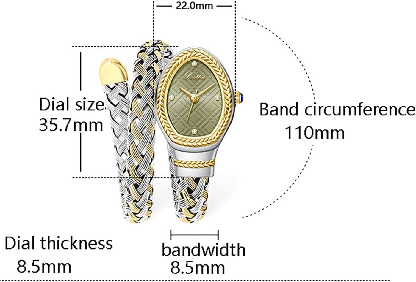 PASOY Fashion Women’s Wrap Bracelet Snake Watch Teardrop Oval Dial, Braided Double-Wrap Bangle, Quartz Analog with Crystal Markers Waterproof Elegant Dress Wristwatch