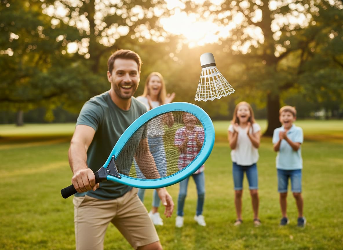 Jumbo Tennis-Federball Set - XXL Schläger 70 x 36,5 cm mit Tennisball | Leichtes Outdoor-Spielset für Kinder & Erwachsene, wetterfeste Riesen-Badminton-Schläger inkl. 2 XL Federbällen & Ball