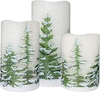 Wondise Flameless Candles with Timer, Battery Operated Realistic Wax LED Pillar Candles Warm Yellow Light Snowy Pine Tree Decal for Christmas Decoration, Set of 3(D3 x H4,5,6 Inch)