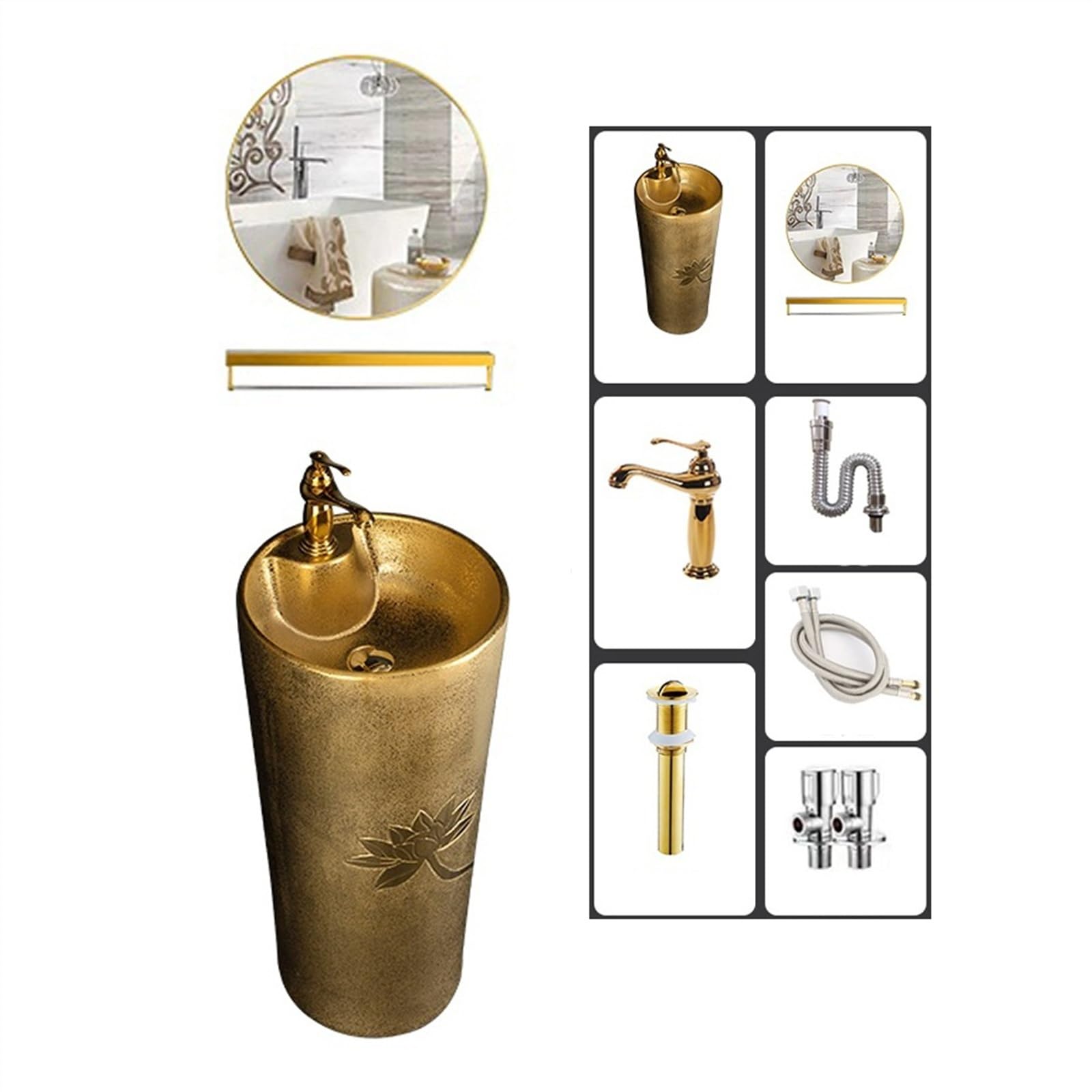 Fregadero dorado con relieve de loto, lavabo de pie galvanizado dorado, fregadero de cerámica de una pieza, talla A, B-One Size