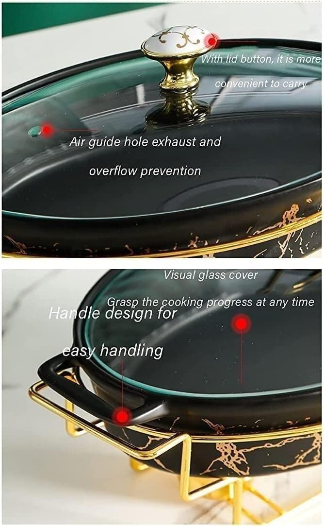 Chafing Dish Buffet Set, Ceramic Chafer with Imitation Marble Finish, Buffet Warmer, 1.3L Hot Pot with Oil Burner(Black) (Green)