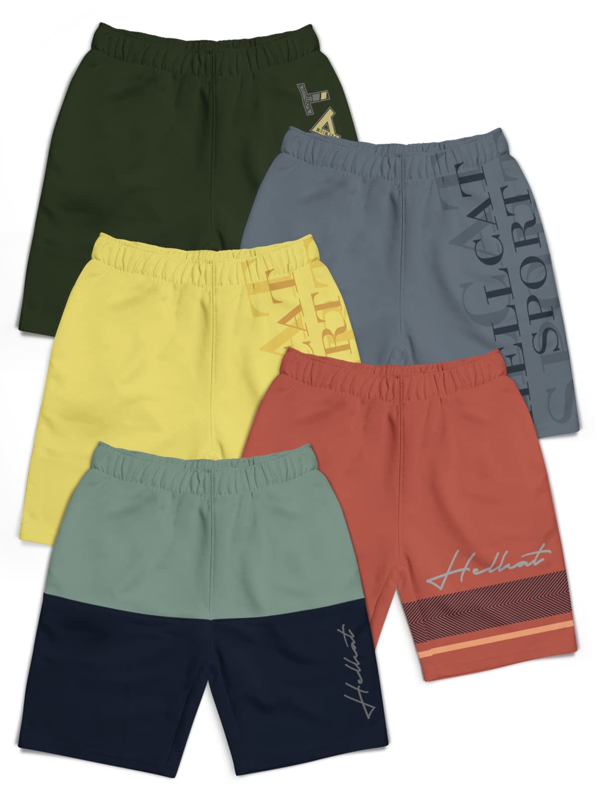 HELLCAT Pack of 5 Trendy Typographic Printed Mid Rise Shorts for Boys