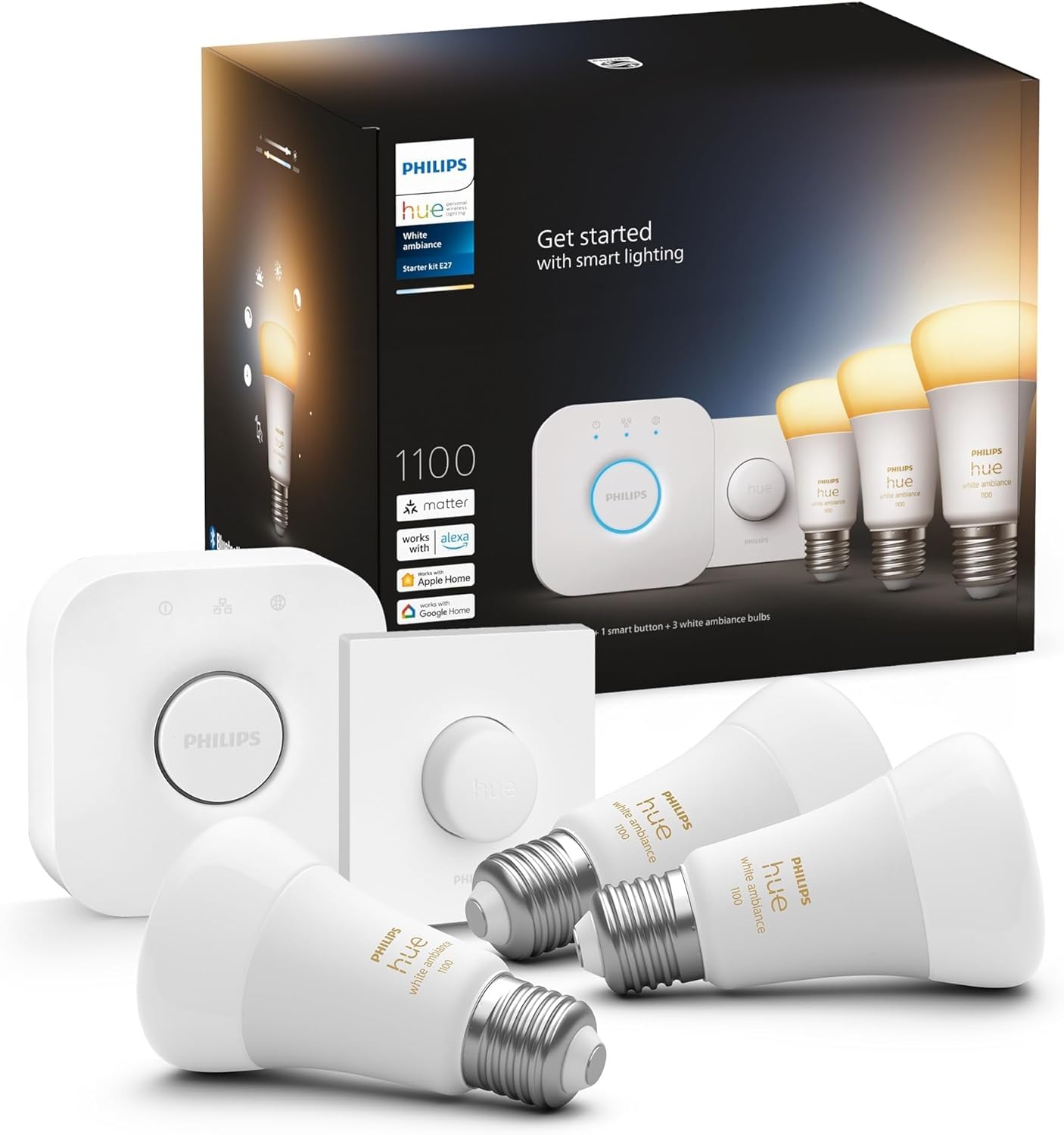 Philips Hue Kit de démarrage White Ambiance : 3 Ampoules LED Intelligentes et connectées E27, Pont de Connexion, Bouton Smart Hue, Compatible Bluetooth, Alexa, Google Assistant, Apple HomeKit