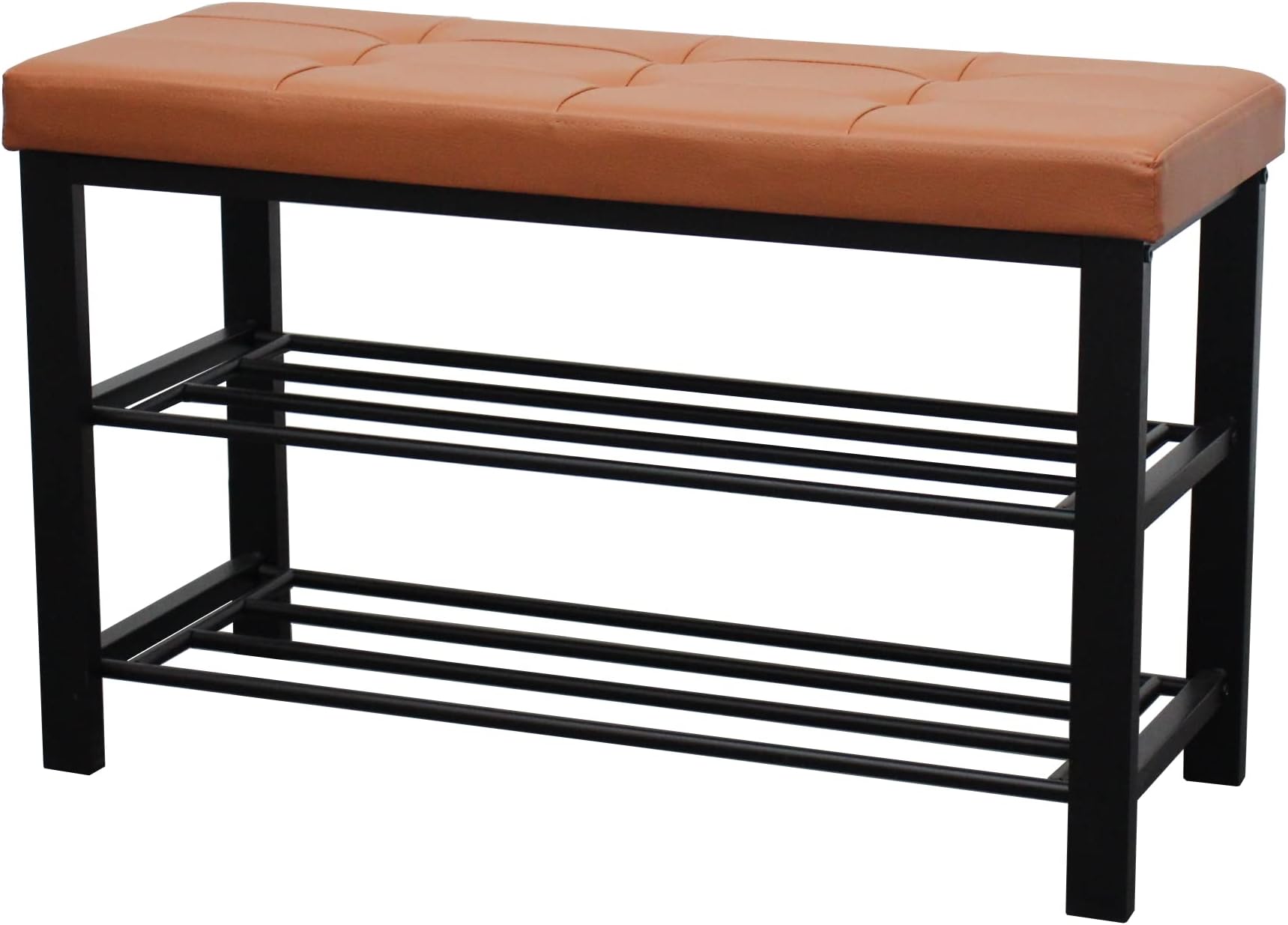 La Maison Shoe Rack Bench 3 Tier Leather Button Tufted Cushioned Seat Hallway Padded Storage Organiser Entryway Shelf Metal Frame (Walnut)