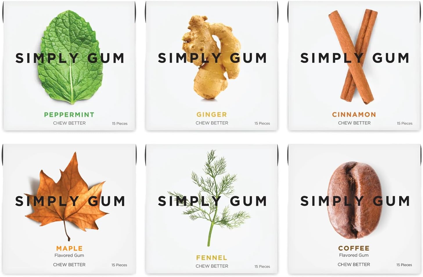 Simply Gum | Variety Pack - Peppermint, Cinnamon, Ginger, Fennel, Maple, Coffee | Synthetic Free + Aspartame Free + non GMO