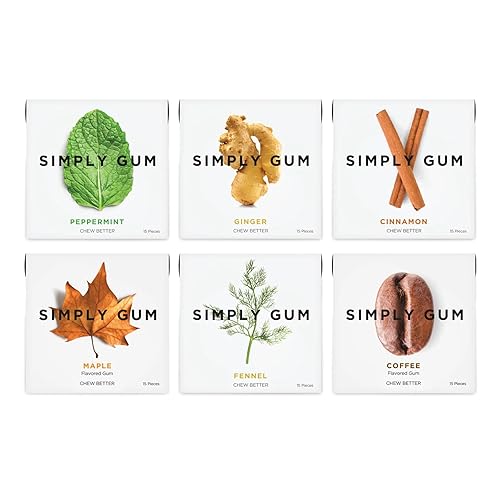 Goma de Mascar Natural Surtida de Simply Gum sin OGM Vegana 6paquetes 90piezas incluye Menta Canela Jengibre Hinojo Café Arce