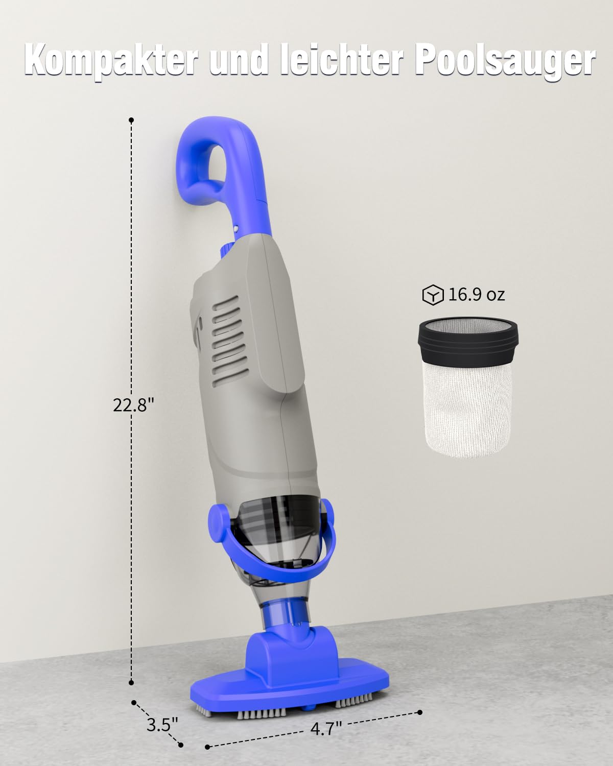 Little Shark Poolstaubsauger für Aufstellpools, Whirlpool-Staubsauger mit 60W-Motor, 18 Gallonen/Minute starke Saugleistung, kompakter und leichter Poolstaubsauger mit 5000-mAh-Akku, 1 Stunde Laufzeit