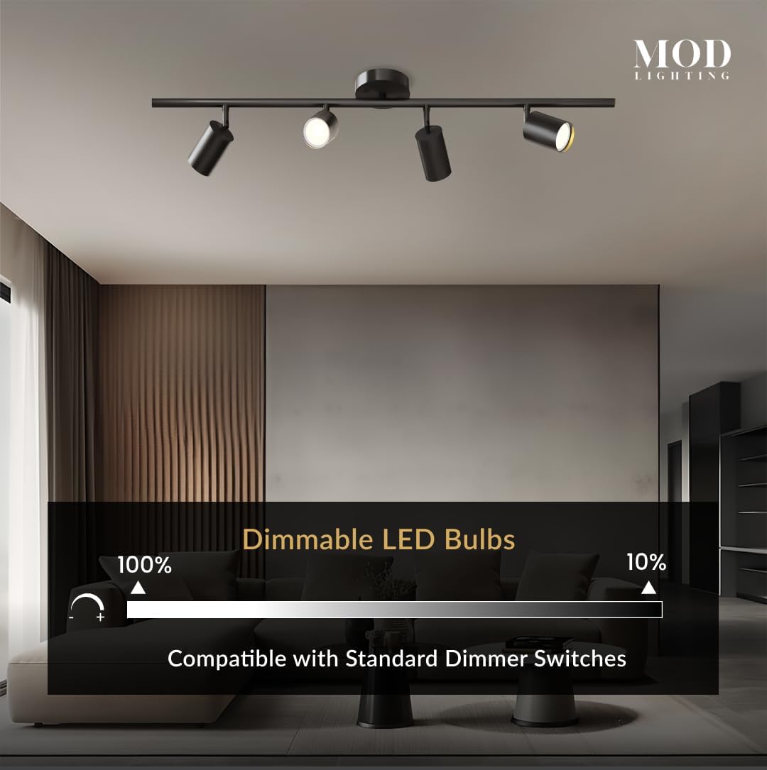 MOD LIGHTING Harris | Modern Track Lights LED, Indoor Ceiling Light Fixture for Living Room, Kitchen Island Ceiling Lighting, Solid Brass Light Fixture (Black | Warm White | 4 Lights)
