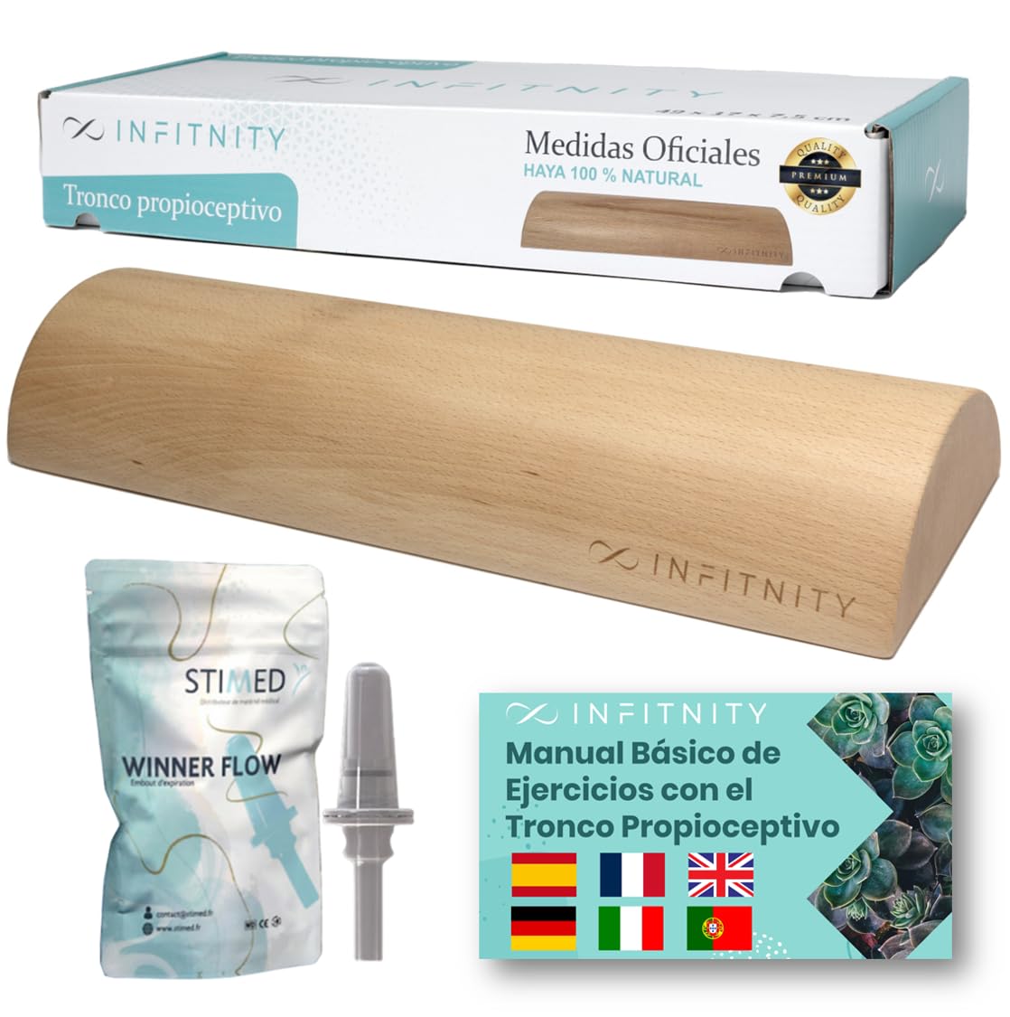 Tronco Propioceptivo y Winner Flow – Pack Tronco Propiocepción Suelo Pélvico y Winner Flow insuflador- Medidas Oficiales Tronco 5P – Incluye Manual Ejercicios – Wood roller