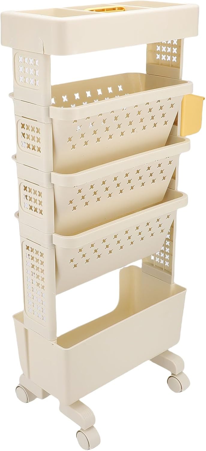 Rolling Book Cart with Cup Holder, 5 Tier PP Utility Organizer Bookshelf, Movable Storage Rack with Lockable Casters, Ideal for Study Office Bedroom, Classroom Necessities (Cream White)