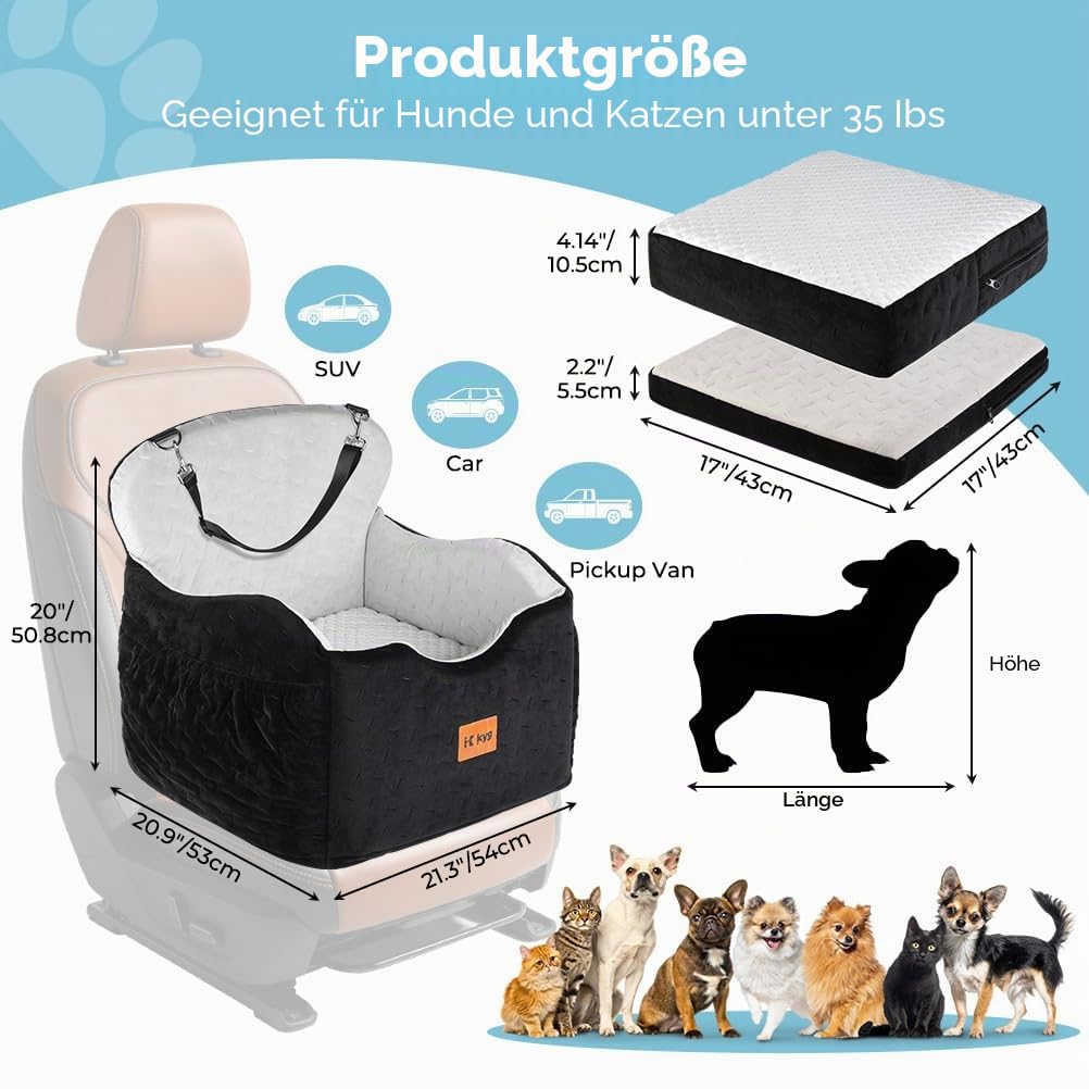 KYG Hunde Autositz für Kleine bis Mittlere Hunde unter 35 lbs | Ganzjährig nutzbar, Extra Stabiler, Waschbarer, Wasserdichter, Zwei Sitzkissen unterschiedlicher Höhe