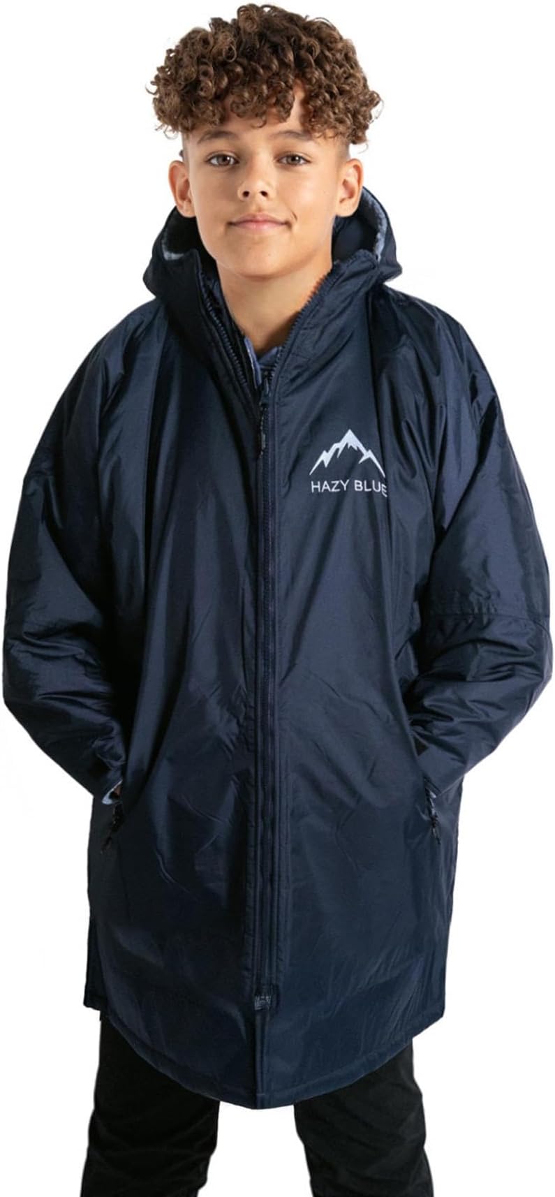 Hazy BlueWaterproof Windproof Breathable Kids Outdoor Changing Robe Oversized with Soft Touch Sherpa Lining Hooded Unisex Swimming Sport Jacket