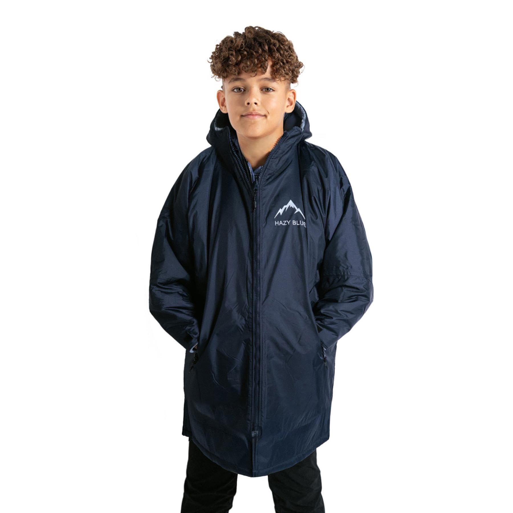 Hazy BlueWaterproof Windproof Breathable Kids Outdoor Changing Robe Oversized with Soft Touch Sherpa Lining Hooded Unisex Swimming Sport Jacket