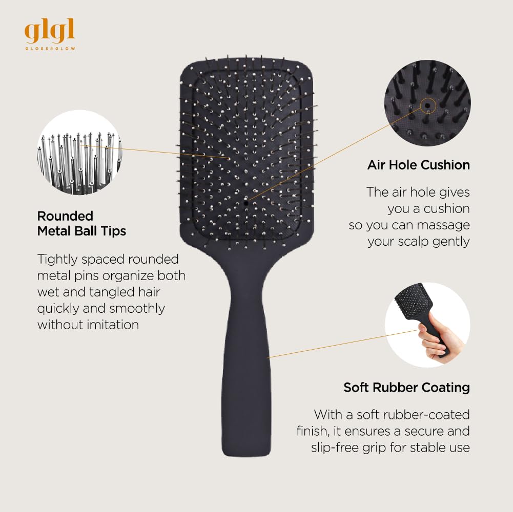 Cepillo de pelo de cerdas metálicas de alta calidad con cojín, masajeador y desenredante del cuero cabelludo para todo tipo de cabello, mango ergonómico, puntas redondas suaves, ideal para el cuidado