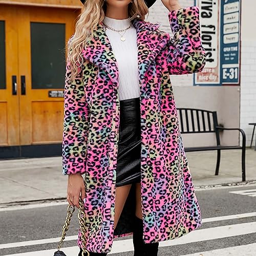 Lmdudan Womens 2024 Winter Faux Fur Coat Leopard Print Fleece Long Jacket Retro Lapel Warm Overcoat Plus Size Trench Coats2