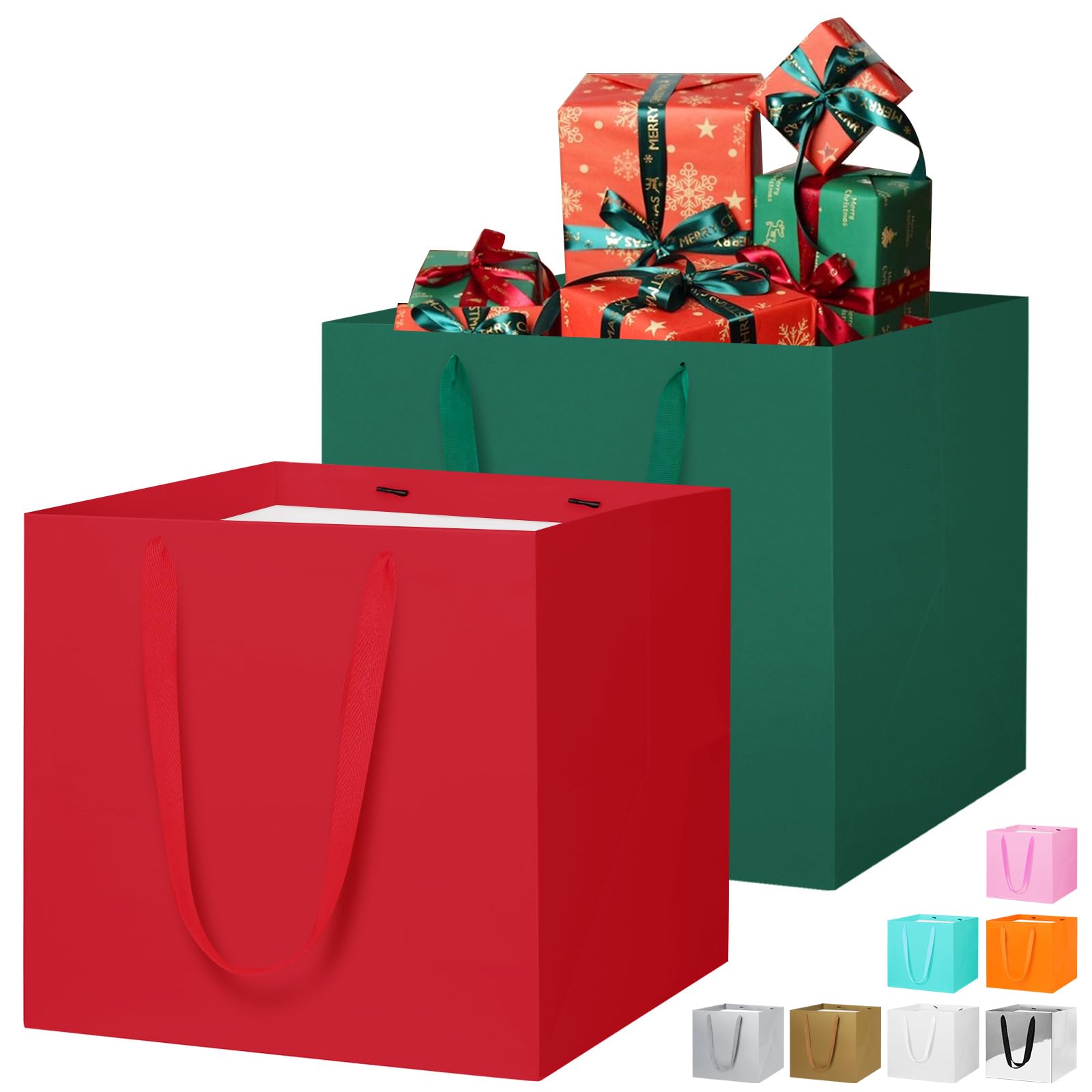 LVNRIDS 2 PCS Large Gift Bags Red Green 30 x 30 x 30 cm, Square Extra Large Paper Gift Bag for Christmas Presents Cake Bouquets Wedding Flower Bridesmaid Christening Party