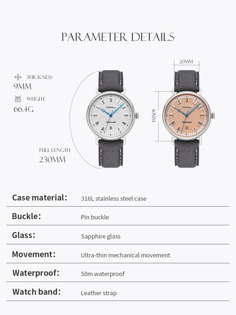 TOPHILL 40mm Automatic Watches for Men 5ATM Miyota 9015 Movement Mechanical Watch Sapphire Stainless Steel Dress Watches for Men