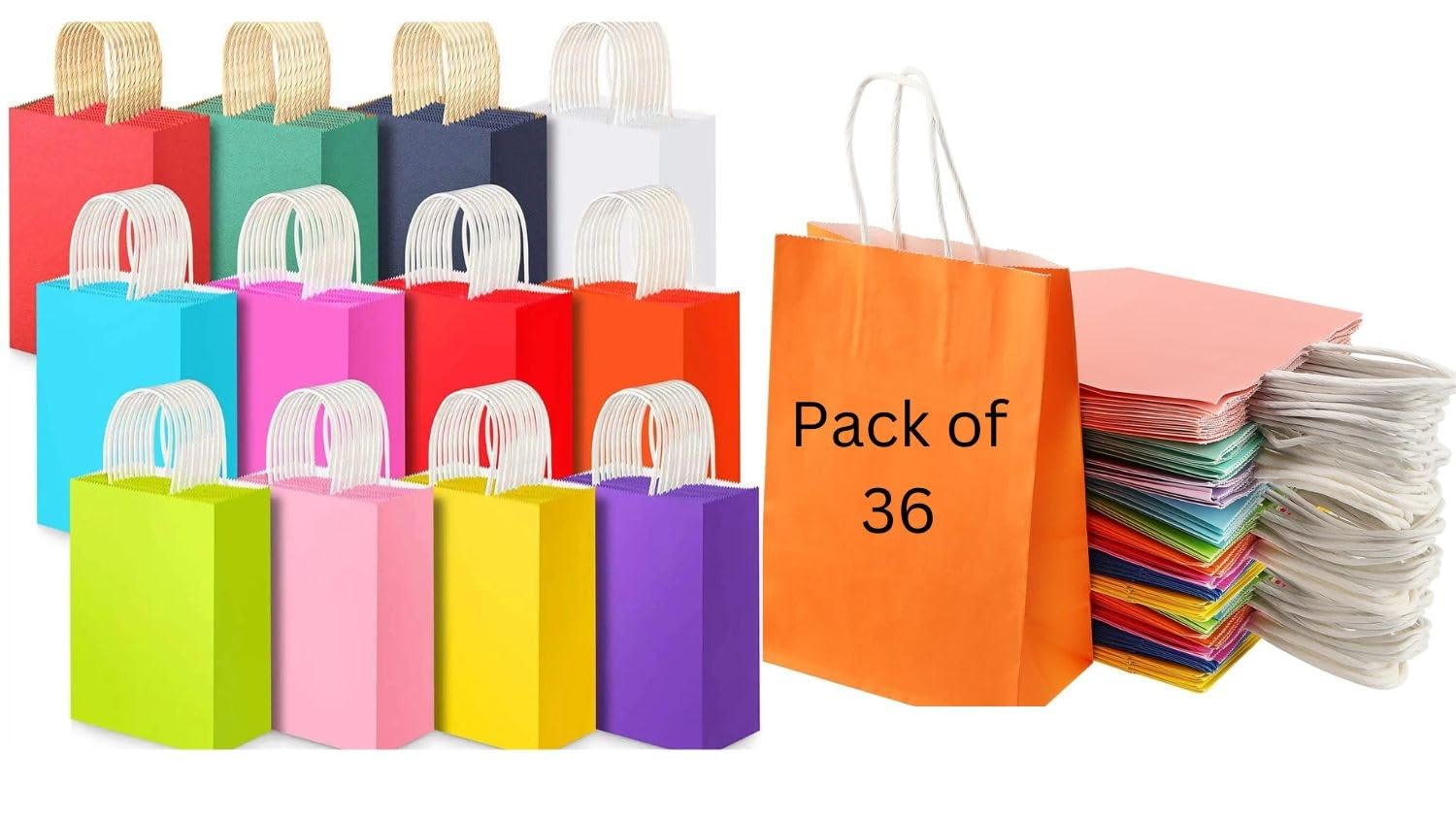 Box & Tales Party Bags,Colourful Paper Gift Bags with Handles,12 colours, Kids Party,Birthday, Children's Party, Party Favors,Gift Wrapping,Shopping, Weddings (Pack of 36, Large- 26 * 12 * 33 CM)
