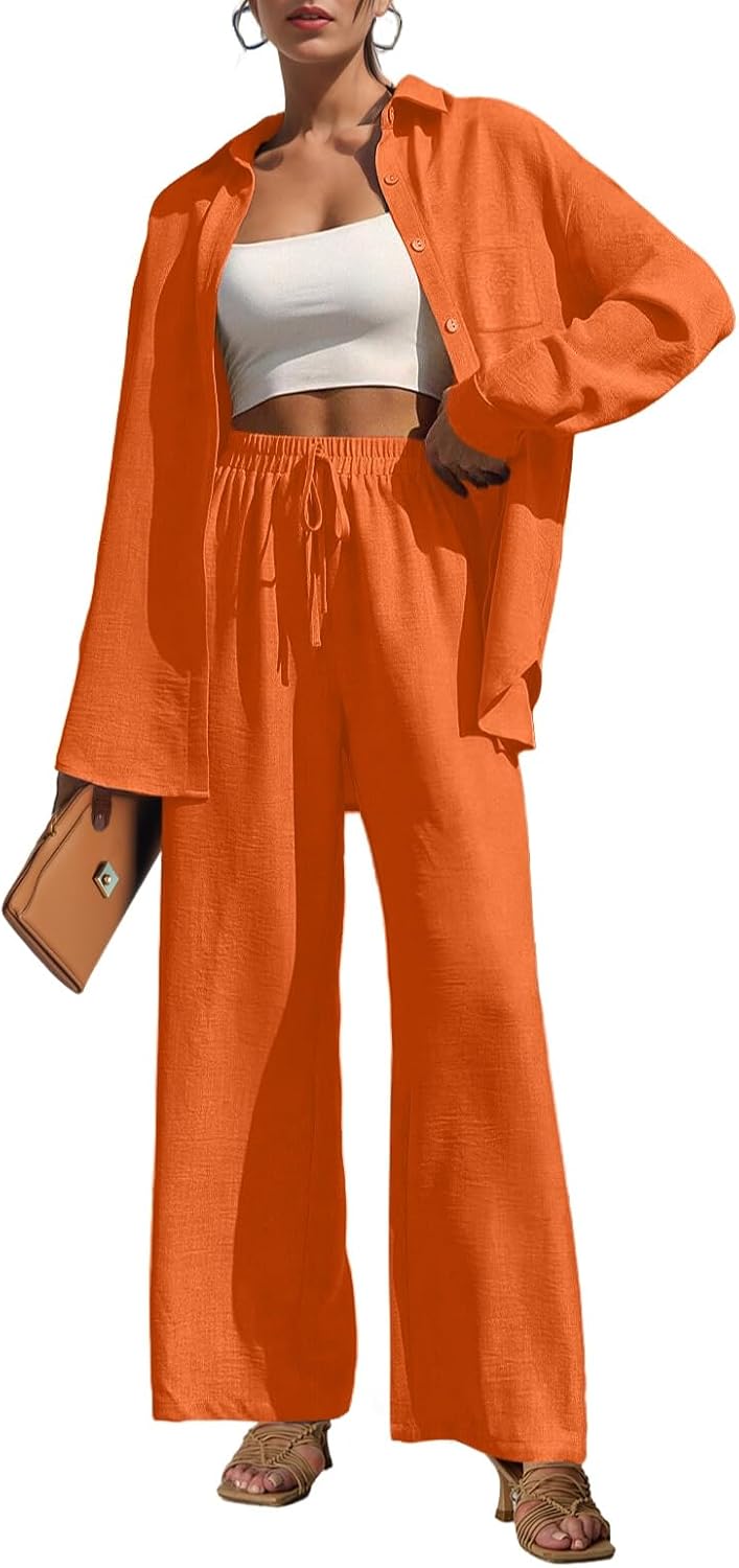 Lepunuo 2 Piece Outfits for Women Casual Lounge Sets Long Sleeve Button Down Shirts and Wide Leg Pants Sets Tracksuit