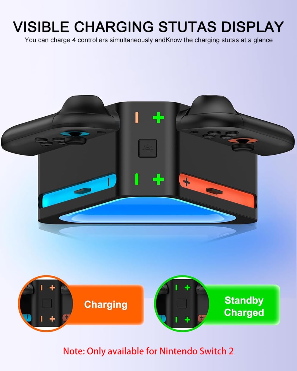 Charging Station for Nintendo Switch 2 Joy Con, Dock for Joy Con Dual-Direction Magnetic Fast Charging Station with 7 Light Modes, Extended Controller Charger Stand for Nintendo Switch 2 Accessories image 5