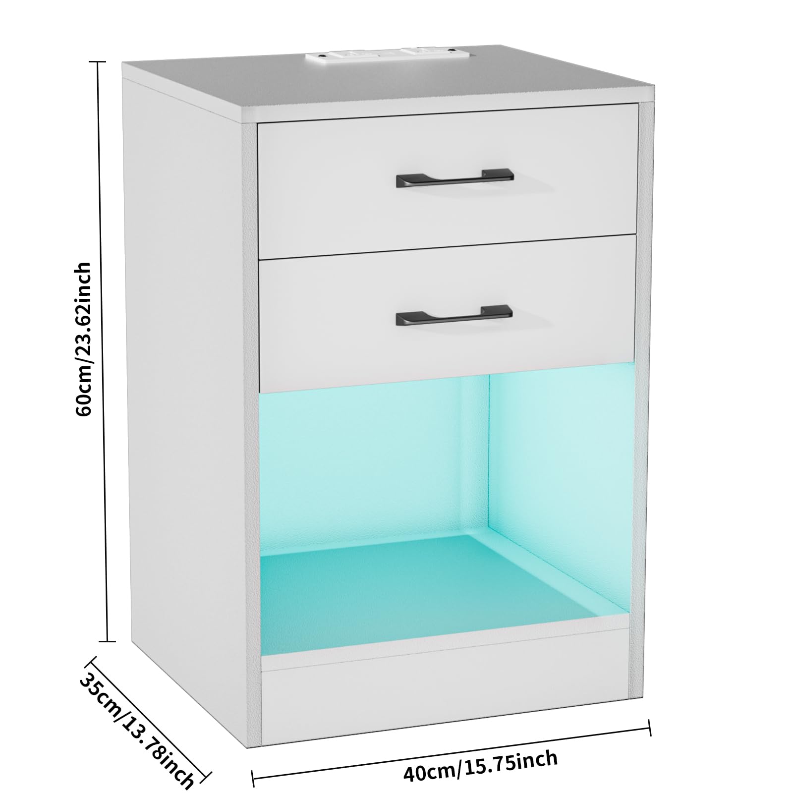 Lvhcmfohm Table de Chevet avec LED et USB, Table de Nuit avec Station de Charge, Chevet de Lit avec 2 Tiroirs et Ouvrez Le tiroir (Blanc, 40x35x60cm