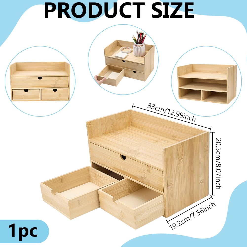 AHANDMAKER Organizer da scrivania in bambù, organizer per cassetti da scrivania, per casa, ufficio, trucco, lettere, documenti, non richiede montaggio (3 cassetti con ripiano)