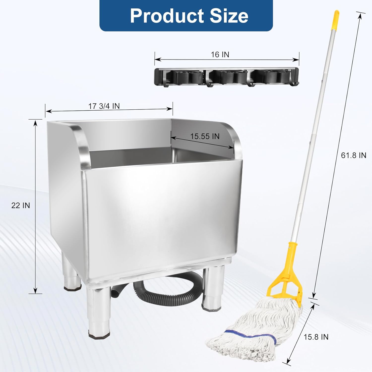17 3/4in Stainless Steel Floor Mop Sink with Detachable Mop, Suitable for Laundry Rooms, Restaurants, Garages, Balconies, and Other Commercial Settings (17.7“L x 15.5”W x 21.9" H)