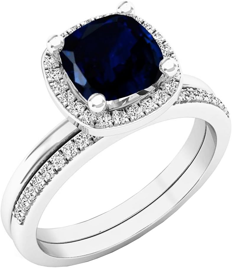 Dazzlingrock Collection 10K 7 MM Cushion Lab Created Gemstone & Round Diamond Ladies Engagement Ring Set, White Gold
