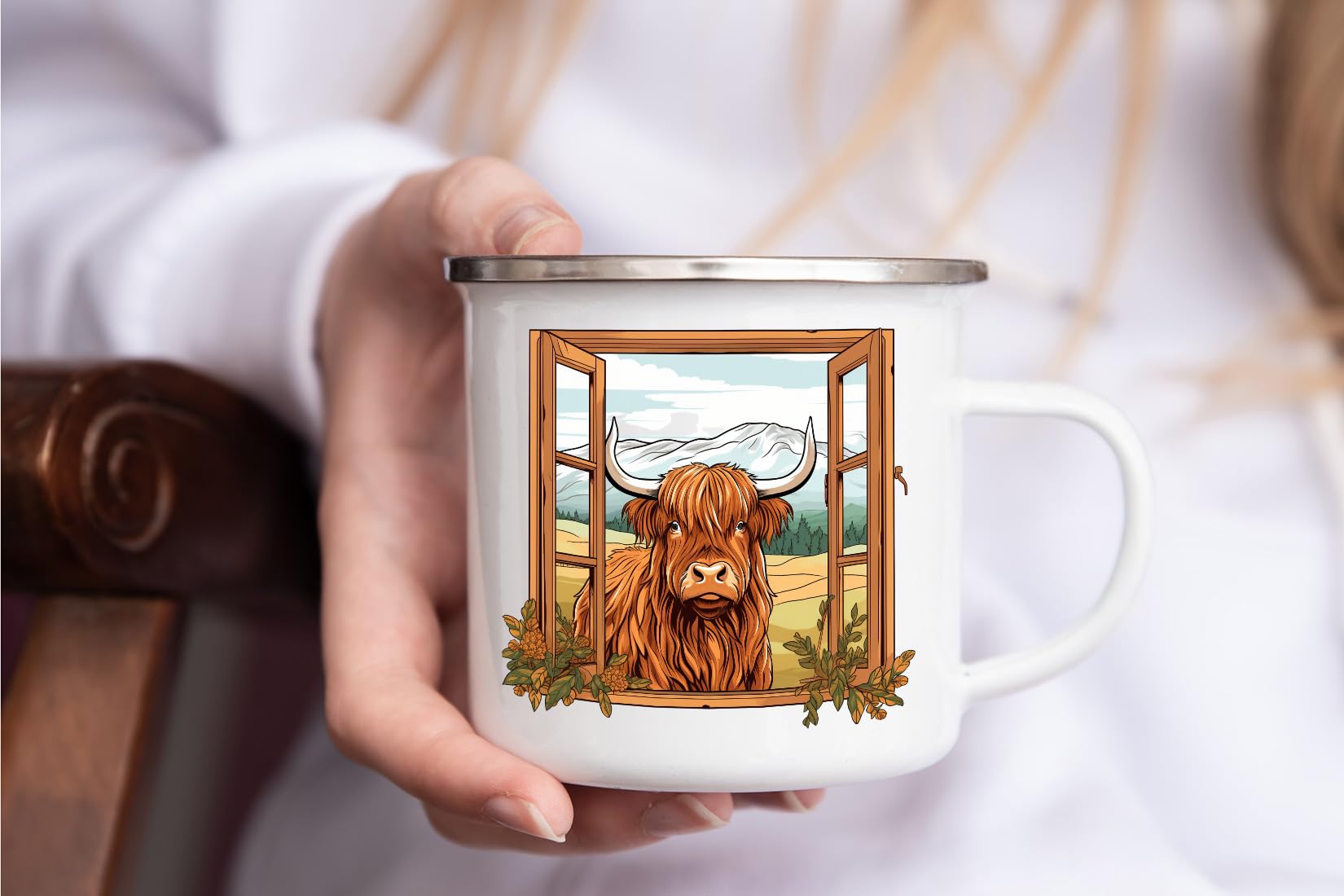 MAXIKIWI - Durable Enamel Coffee or Tea Camping Mug for Indoor Outdoor Use - Funny Highland Cow Outside The - 350ml - Image 4