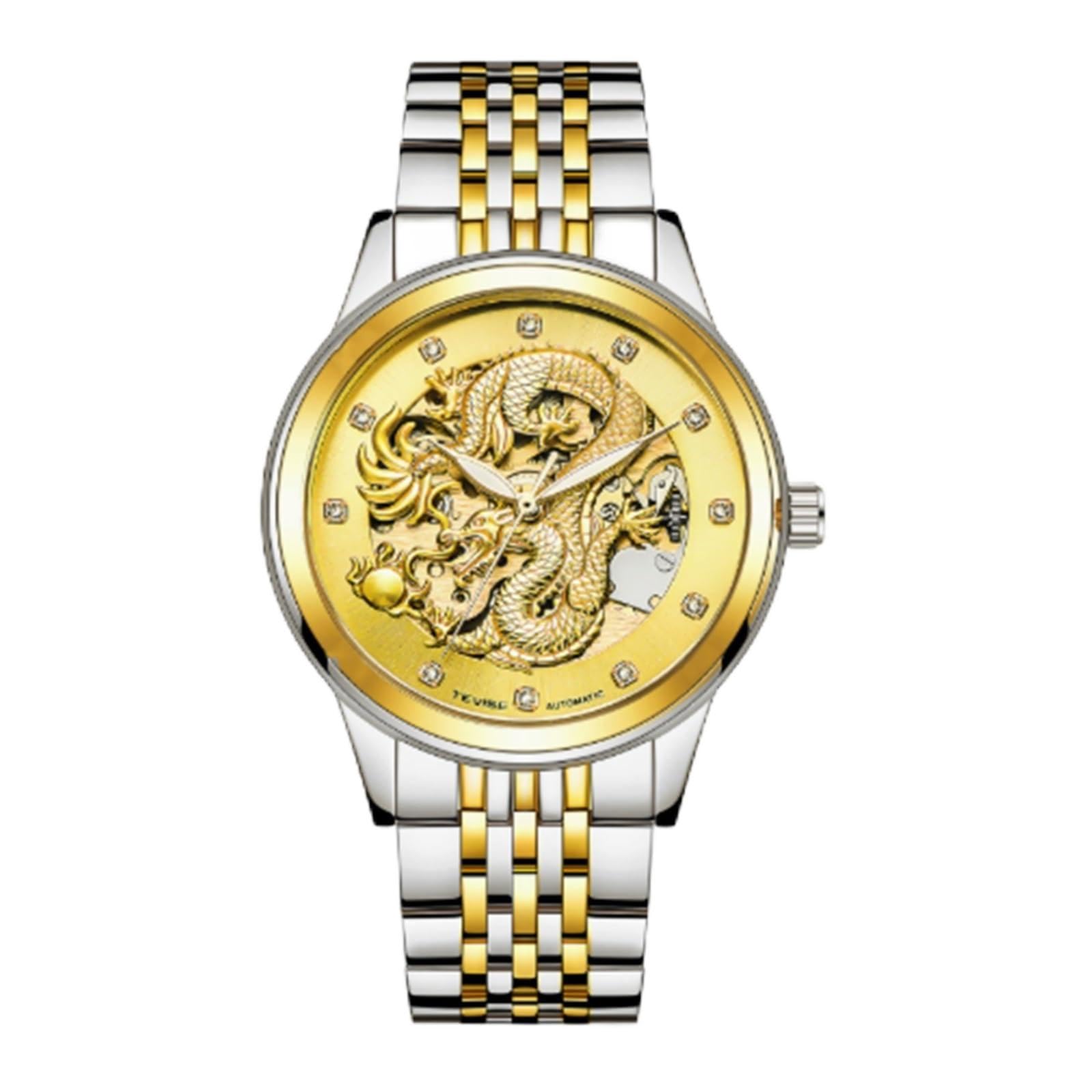 Reloj de Lujo Dragon Collection Limited for Hombre | Reloj de pulsera resistente al agua automático automático dorado con esfera tallada