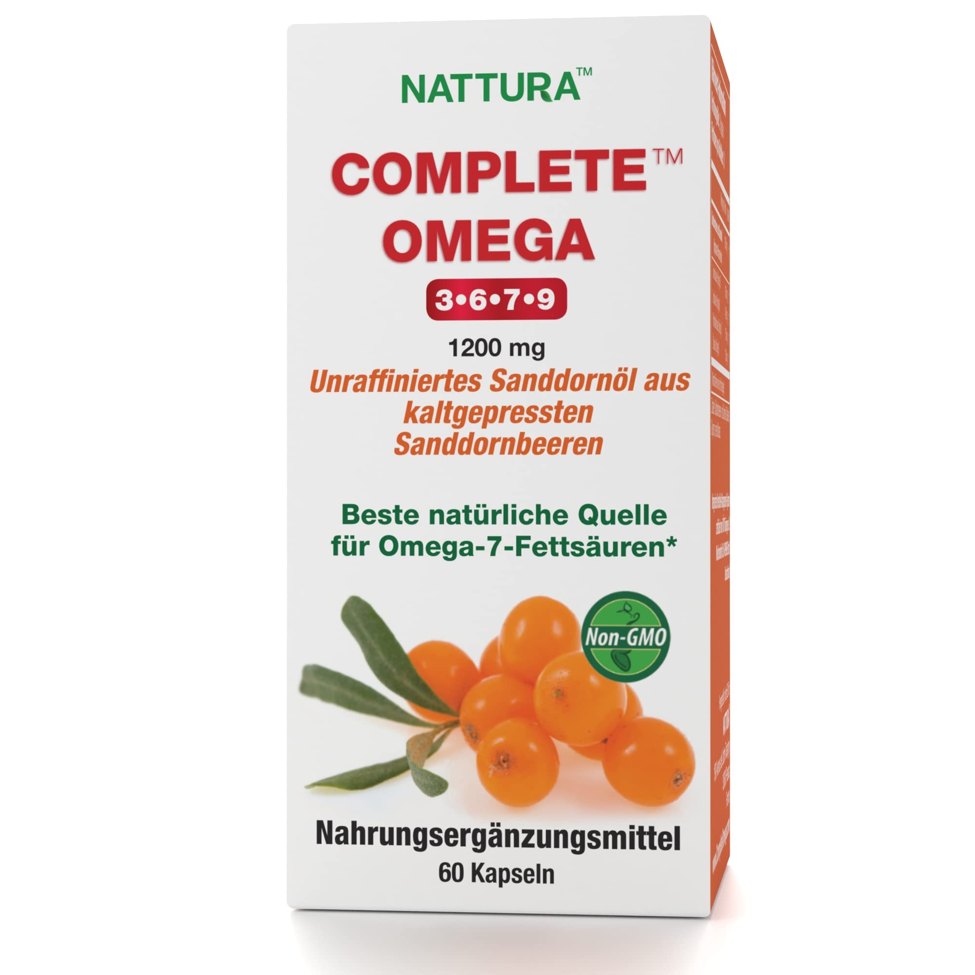 KOMPLETTE OMEGA 3-6-7-9 *Hochwertiges, reines Sanddornöl aus unraffinierten, kaltgepressten, ganzen Sanddorn-Wildbeeren, zertifiziert koscher, 1200mg – 60 Softgel-Kapseln (4 Flaschen (240 Kapseln))