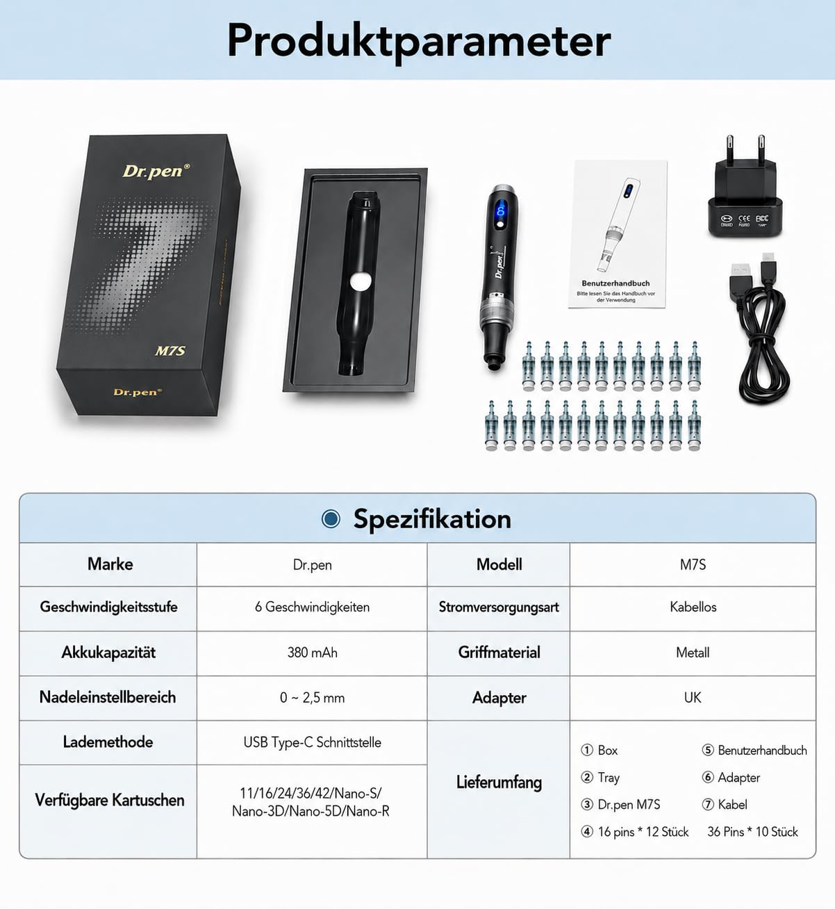 M7S Microneedling Pen Mikronadelstift Professioneller Dermapen mit 22 Ersatzkartuschen Kabelloser Microneedling Pen Einstellbares Microneedling-Gerät für die Hautpflege