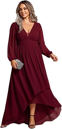Ever-Pretty Plus Womens Wedding Guest Dresses V Neck A Line High Low Plus Size Long Sleeve Semi Formal Dress for Curvy Women